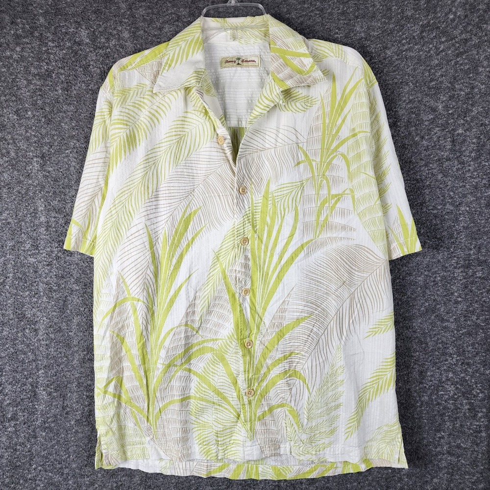 Tommy Bahama Shirt Mens M White Green Palm Leaf Tropical Button Down EUC